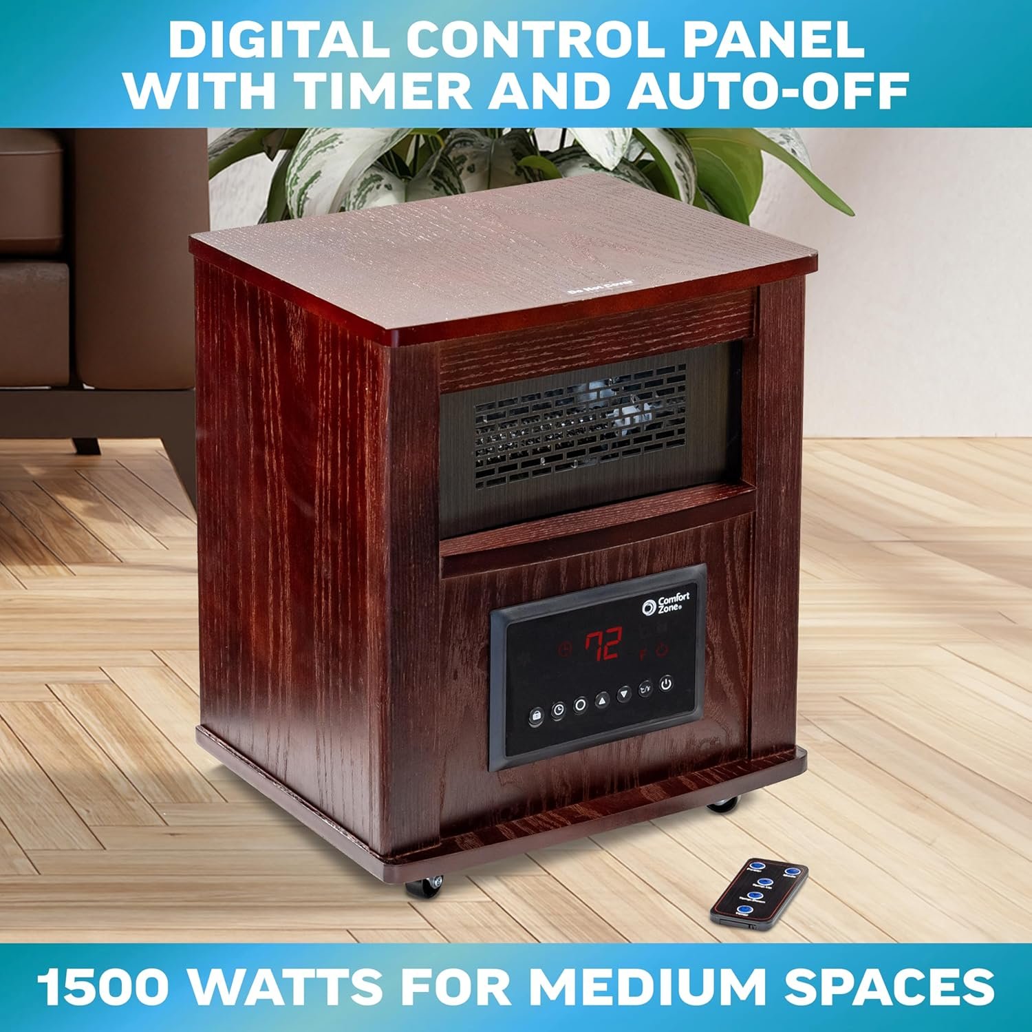 Comfort Zone Wood Cabinet Space Heater with Remote, 16 inch, Adjustable Thermostat, Digital Display, Overheat Protection